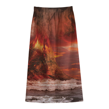 Volcano On The Sea Print Cotton Front Slit Maxi Skirt