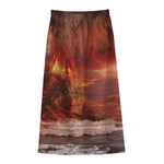 Volcano On The Sea Print Cotton Front Slit Maxi Skirt