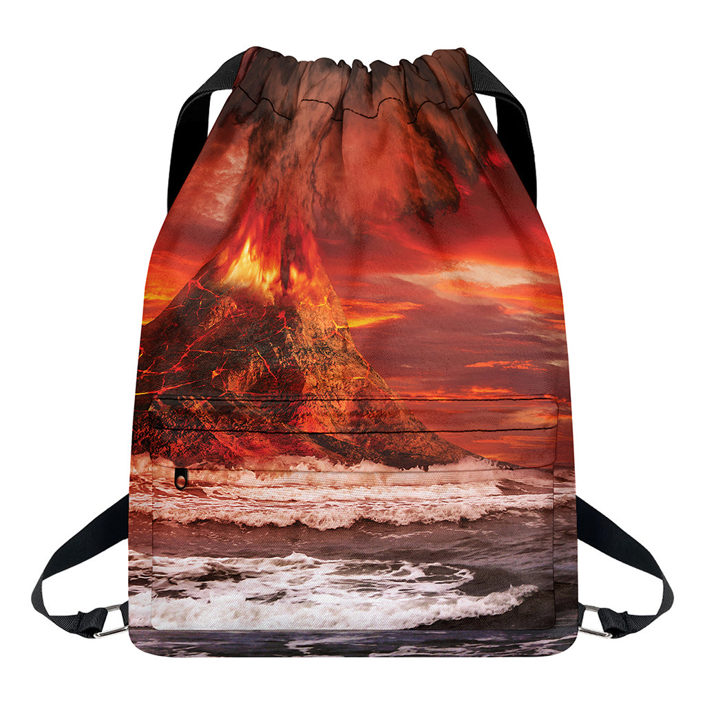 Volcano On The Sea Print Drawstring Backpack