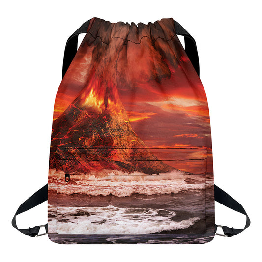Volcano On The Sea Print Drawstring Backpack