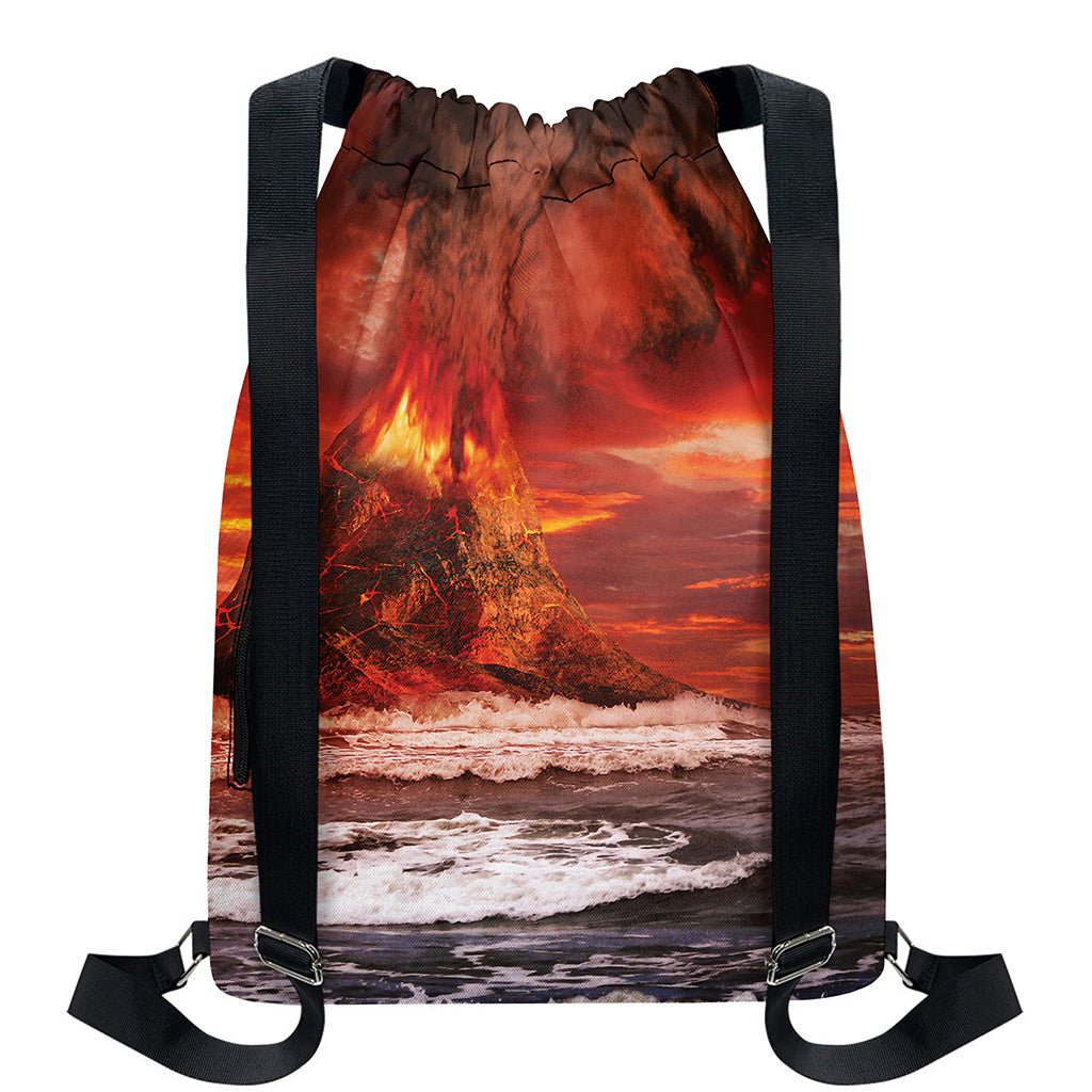 Volcano On The Sea Print Drawstring Backpack