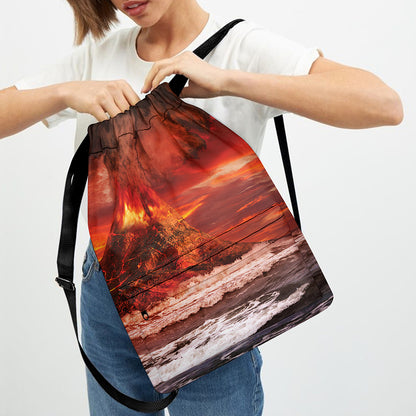 Volcano On The Sea Print Drawstring Backpack