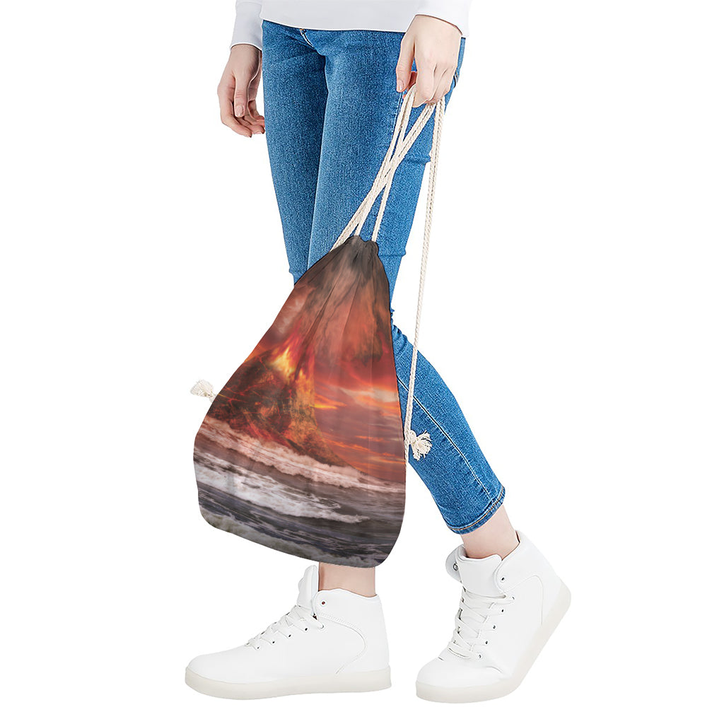 Volcano On The Sea Print Drawstring Bag