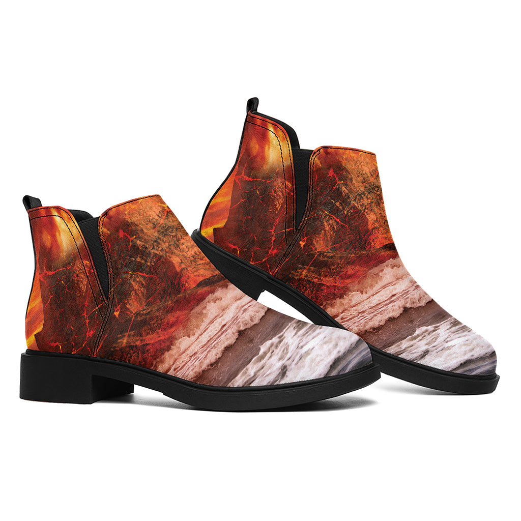 Volcano On The Sea Print Flat Ankle Boots