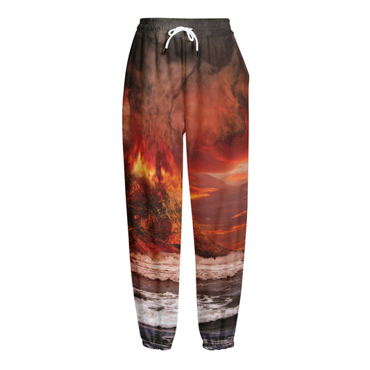 Volcano On The Sea Print Fleece Lined Knit Pants