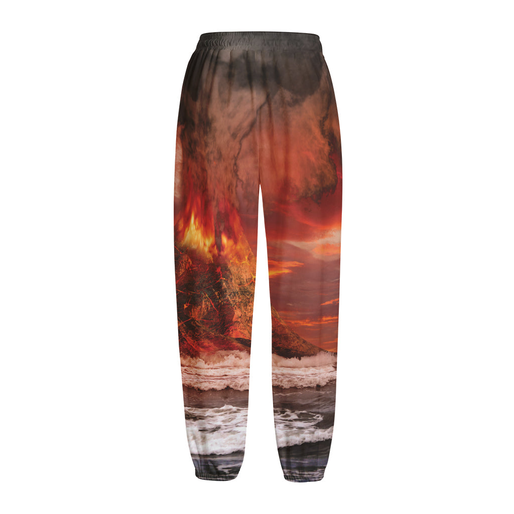 Volcano On The Sea Print Fleece Lined Knit Pants