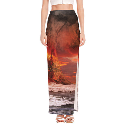 Volcano On The Sea Print High Slit Maxi Skirt