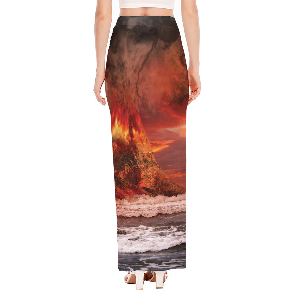 Volcano On The Sea Print High Slit Maxi Skirt