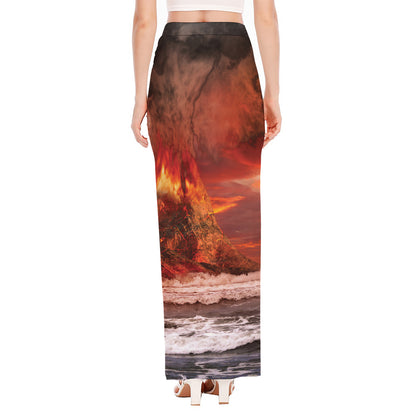 Volcano On The Sea Print High Slit Maxi Skirt