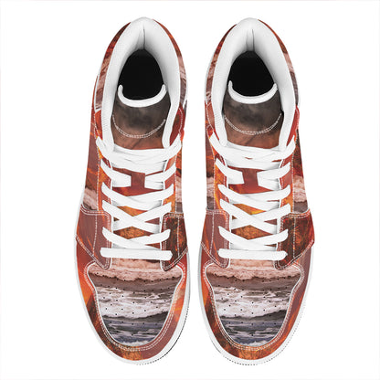 Volcano On The Sea Print High Top Leather Sneakers