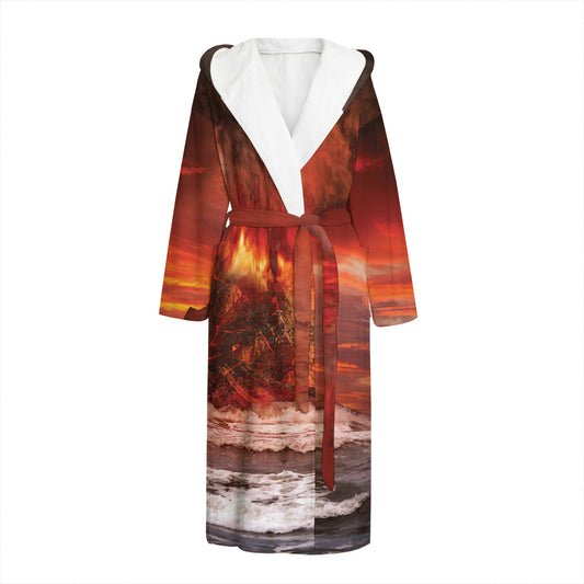 Volcano On The Sea Print Hooded Bathrobe