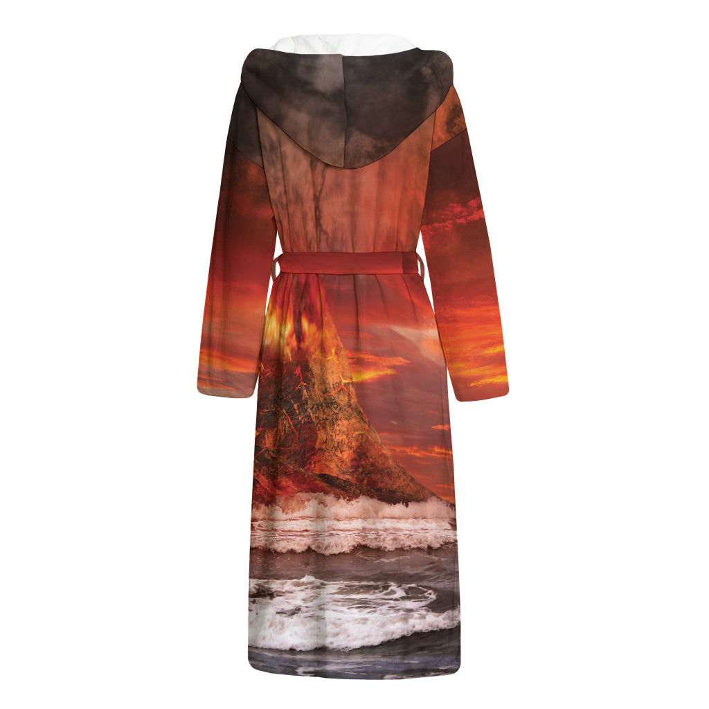 Volcano On The Sea Print Hooded Bathrobe