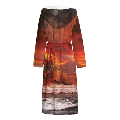 Volcano On The Sea Print Hooded Bathrobe