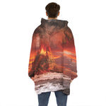 Volcano On The Sea Print Hoodie Blanket