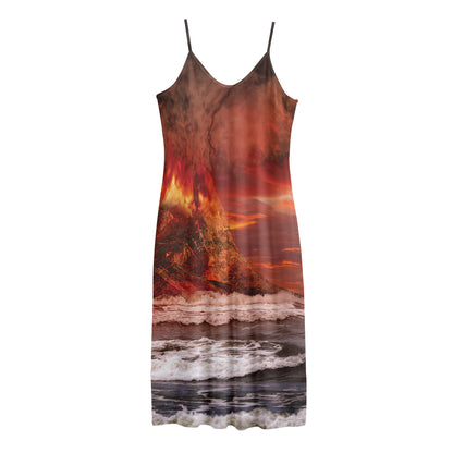 Volcano On The Sea Print Jersey Midi Cami Dress