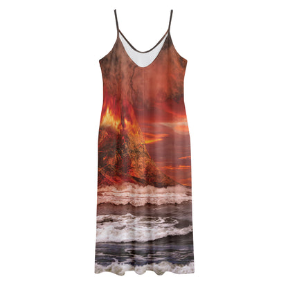 Volcano On The Sea Print Jersey Midi Cami Dress
