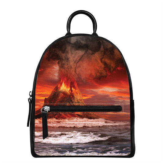 Volcano On The Sea Print Leather Backpack