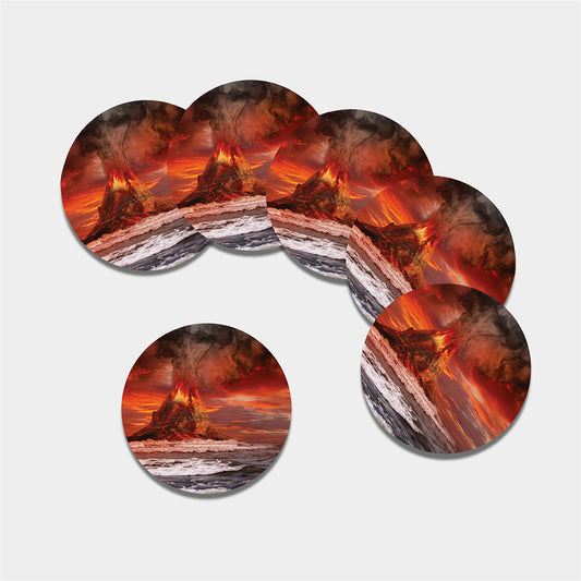Volcano On The Sea Print Leather Coaster Set