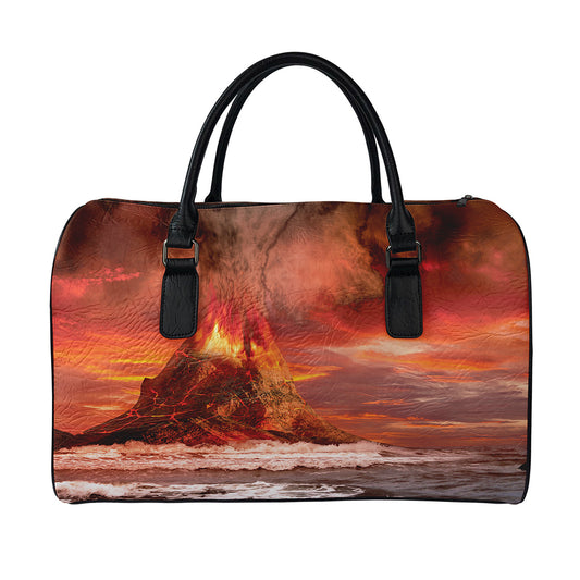 Volcano On The Sea Print Leather Duffle Bag