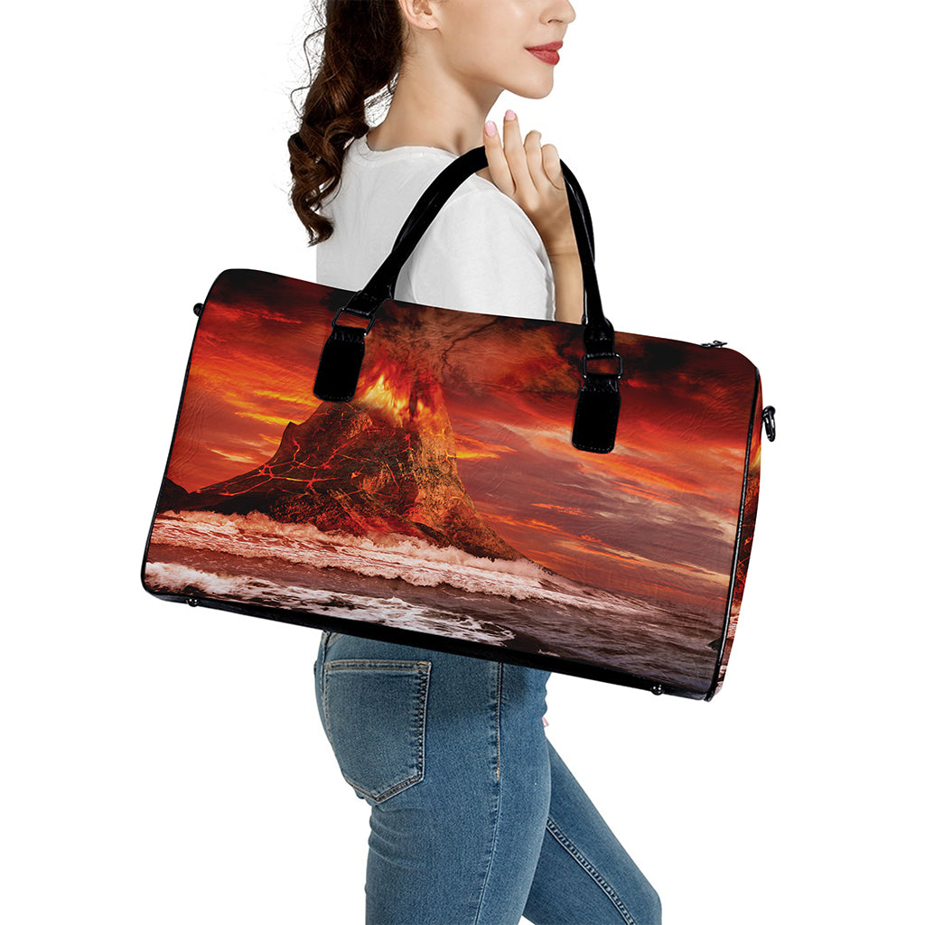 Volcano On The Sea Print Leather Duffle Bag