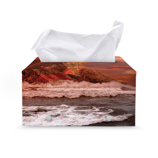Volcano On The Sea Print Leather Tissue Box Cover