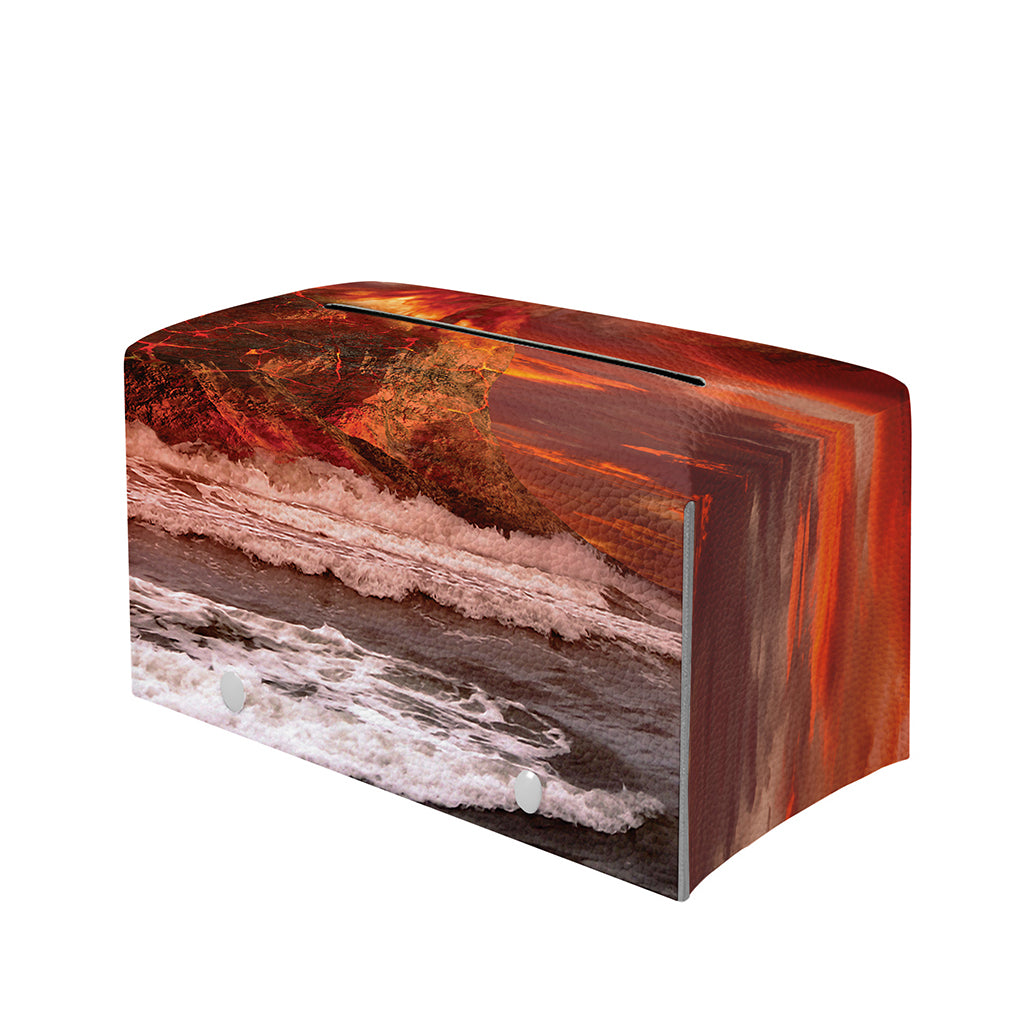 Volcano On The Sea Print Leather Tissue Box Cover