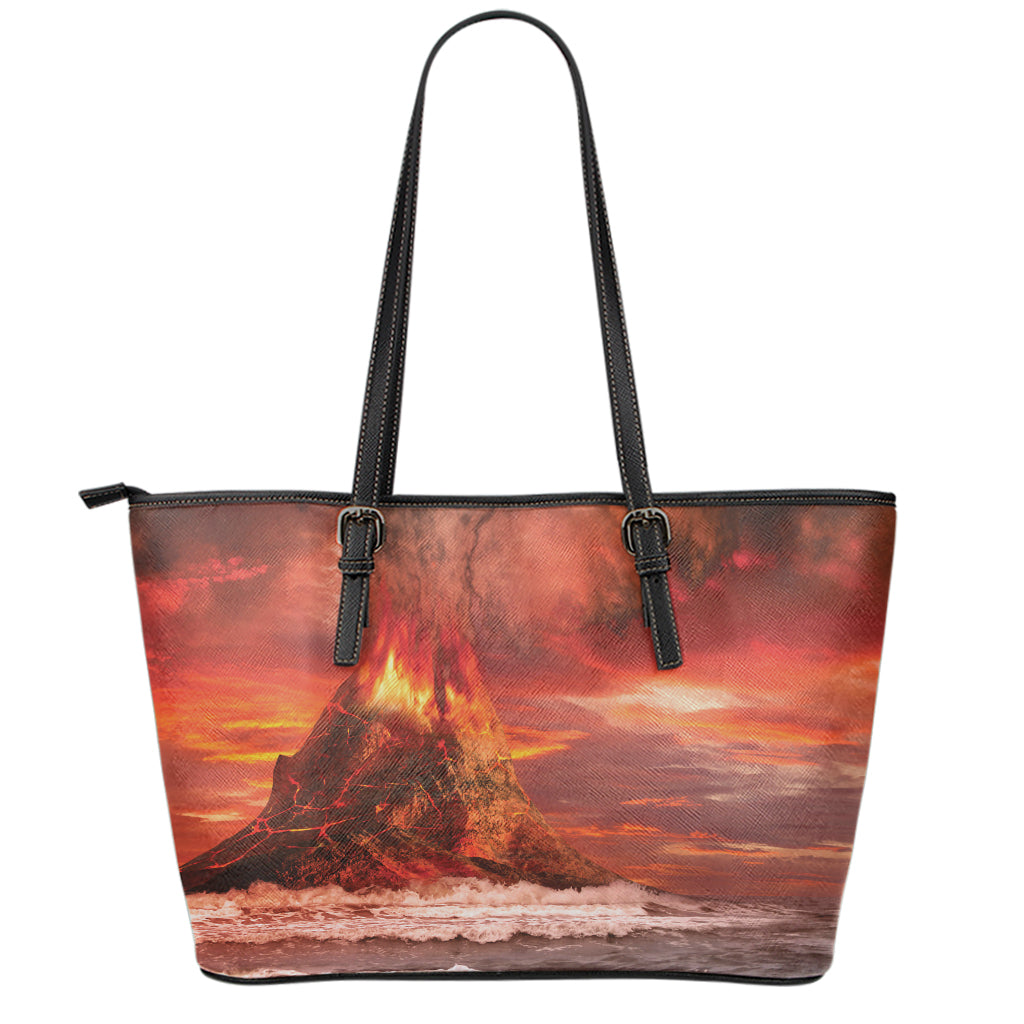 Volcano On The Sea Print Leather Tote Bag