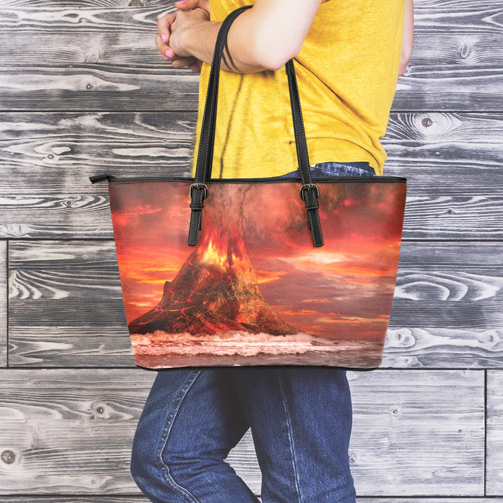 Volcano On The Sea Print Leather Tote Bag