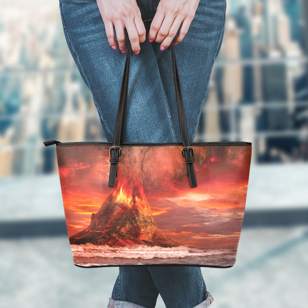 Volcano On The Sea Print Leather Tote Bag