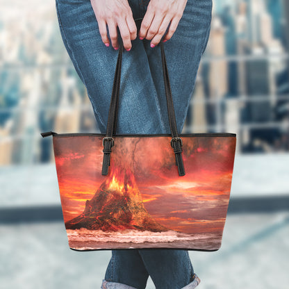 Volcano On The Sea Print Leather Tote Bag