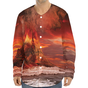 Volcano On The Sea Print Long Sleeve Baseball Jersey