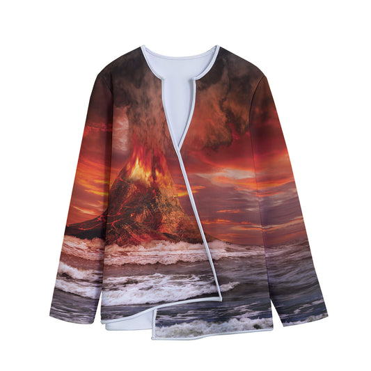 Volcano On The Sea Print Long Sleeve Short Coat