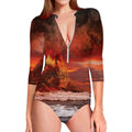 Volcano On The Sea Print Long Sleeve Swimsuit