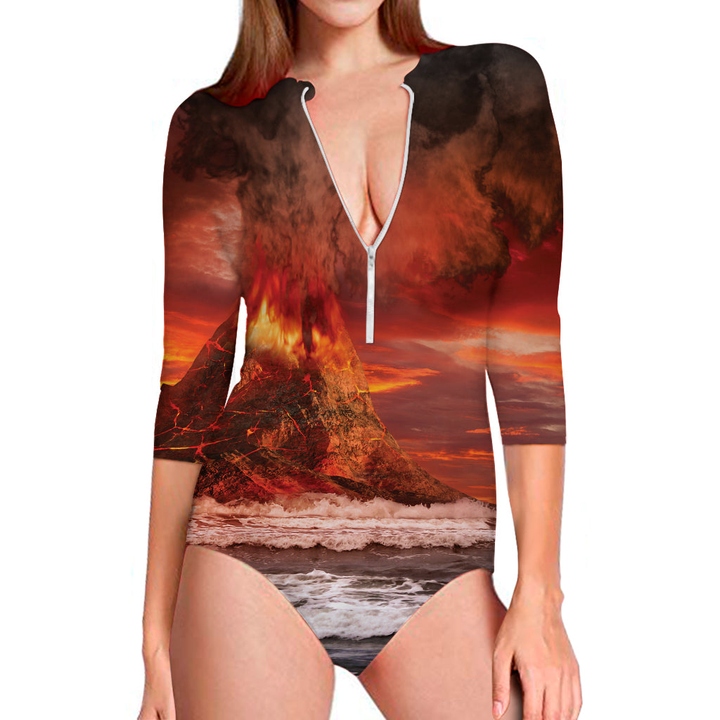 Volcano On The Sea Print Long Sleeve Swimsuit