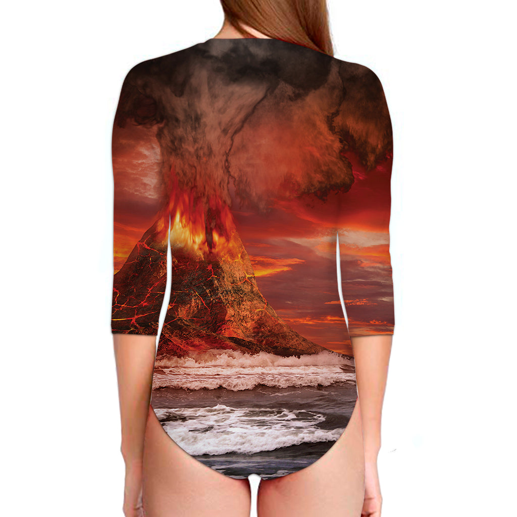 Volcano On The Sea Print Long Sleeve Swimsuit