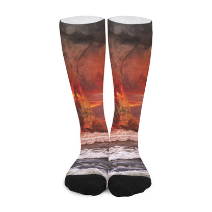 Volcano On The Sea Print Long Socks