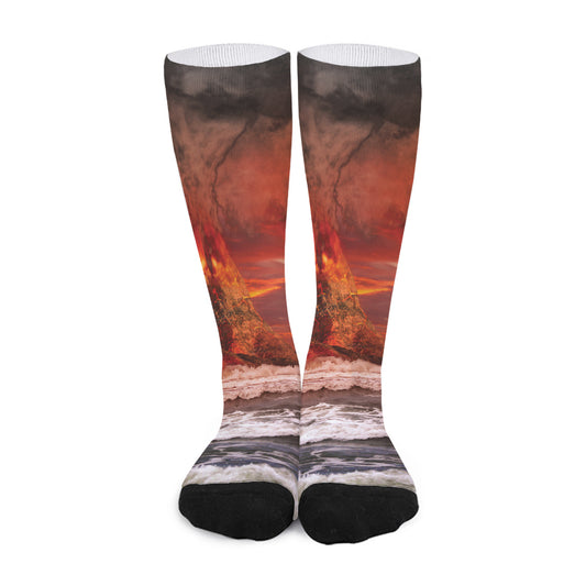 Volcano On The Sea Print Long Socks