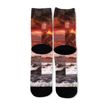 Volcano On The Sea Print Long Socks