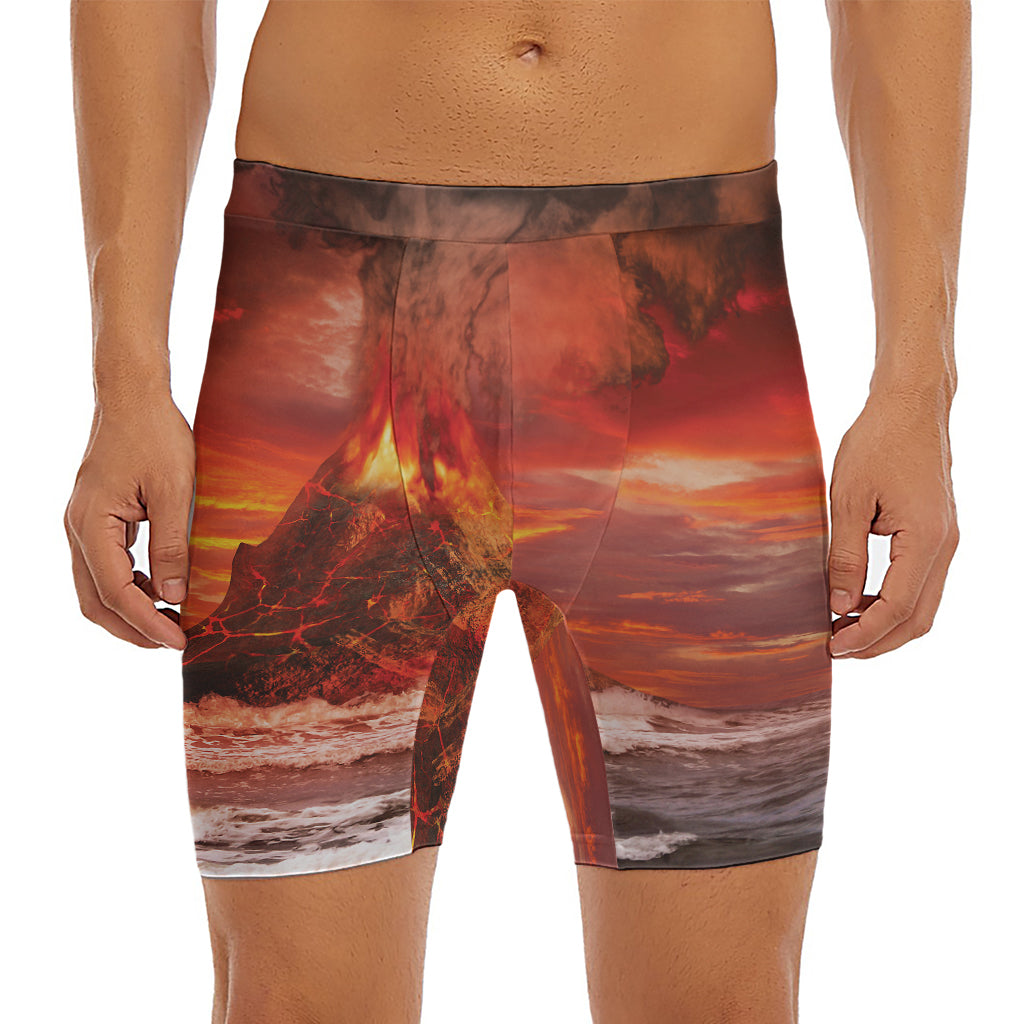 Volcano On The Sea Print Men's Long Boxer Briefs