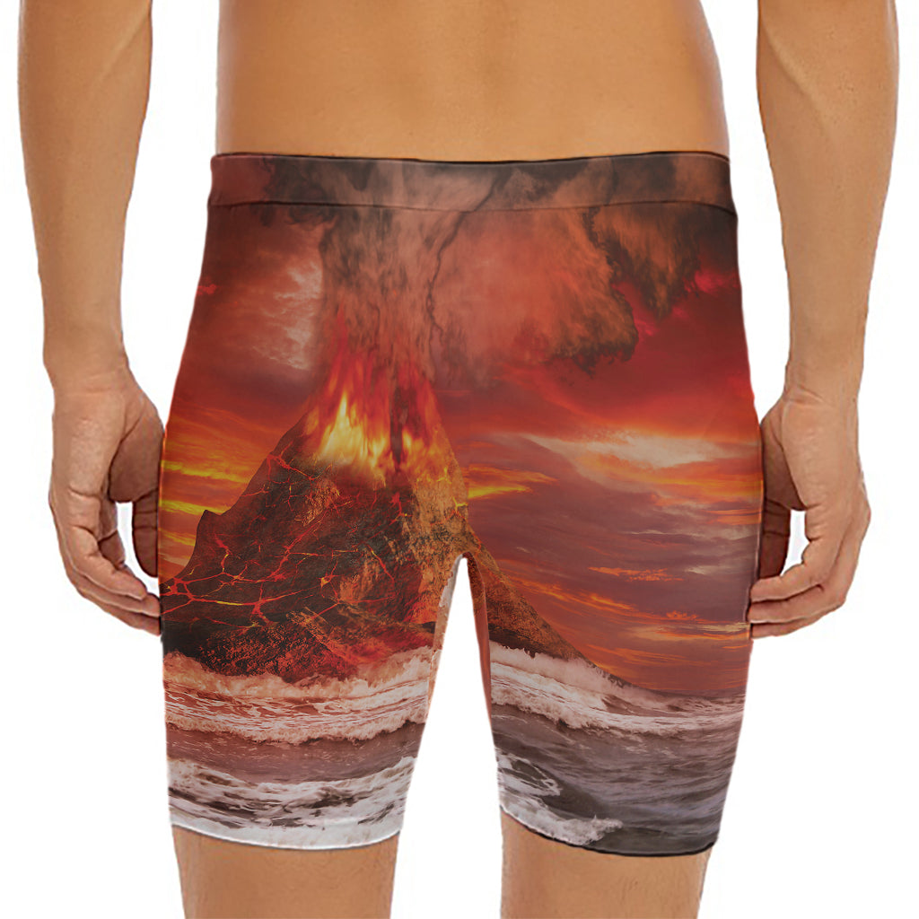 Volcano On The Sea Print Men's Long Boxer Briefs