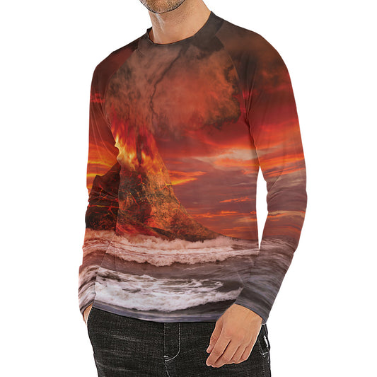 Volcano On The Sea Print Men's Long Sleeve Rash Guard