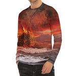Volcano On The Sea Print Men's Long Sleeve Rash Guard