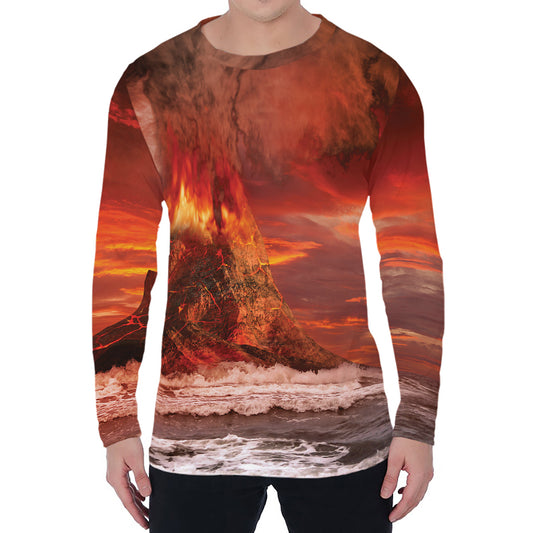 Volcano On The Sea Print Men's Long Sleeve T-Shirt