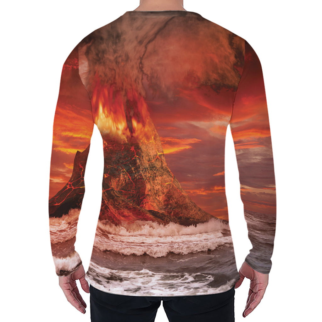 Volcano On The Sea Print Men's Long Sleeve T-Shirt