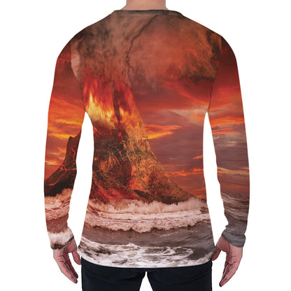 Volcano On The Sea Print Men's Long Sleeve T-Shirt