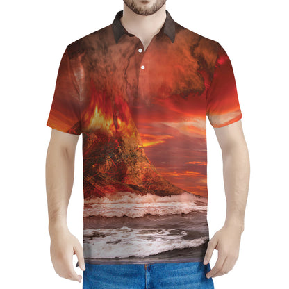 Volcano On The Sea Print Men's Polo Shirt