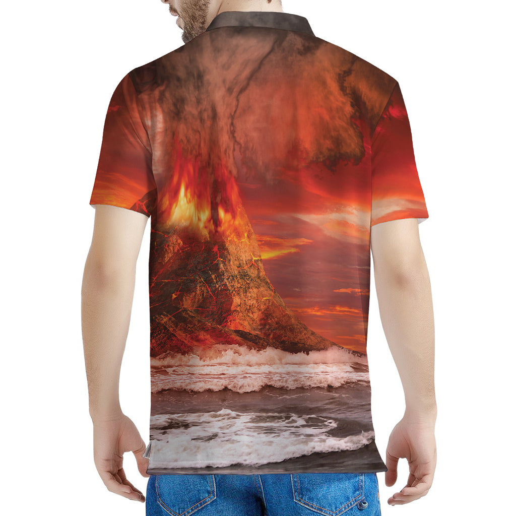 Volcano On The Sea Print Men's Polo Shirt