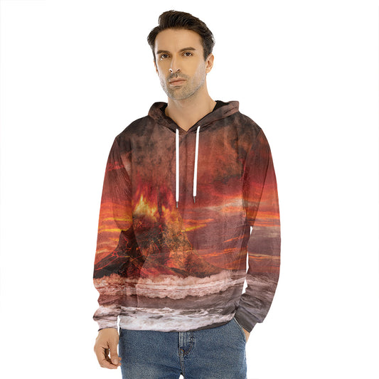 Volcano On The Sea Print Men's Velvet Pullover Hoodie