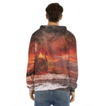 Volcano On The Sea Print Men's Velvet Pullover Hoodie