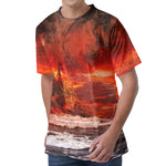 Volcano On The Sea Print Men's Velvet T-Shirt
